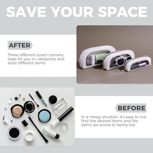 Image 3 of BS-MALL 3 Pcs Makeup Bag Set, Waterproof Travel Makeup Kit with Zippers, Lightweight Travel Bag for Makeup Brush Holder & Organizer, Fashionable Leather Case for Daily Use & Storage (White)