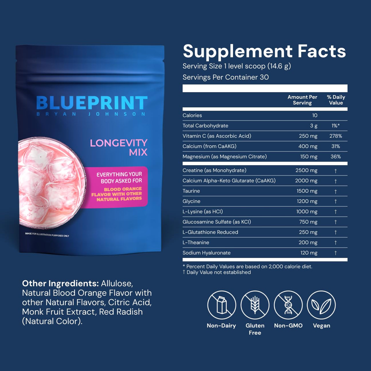 Blueprint Bryan Johnson Longevity Mix - Muscle Builder & Recovery Supplement - Promotes Focus and Balanced Mood - Creatine, L-Theanine- Vegan, Keto Friendly (30 Servings (Pack of 1), Blood Orange)