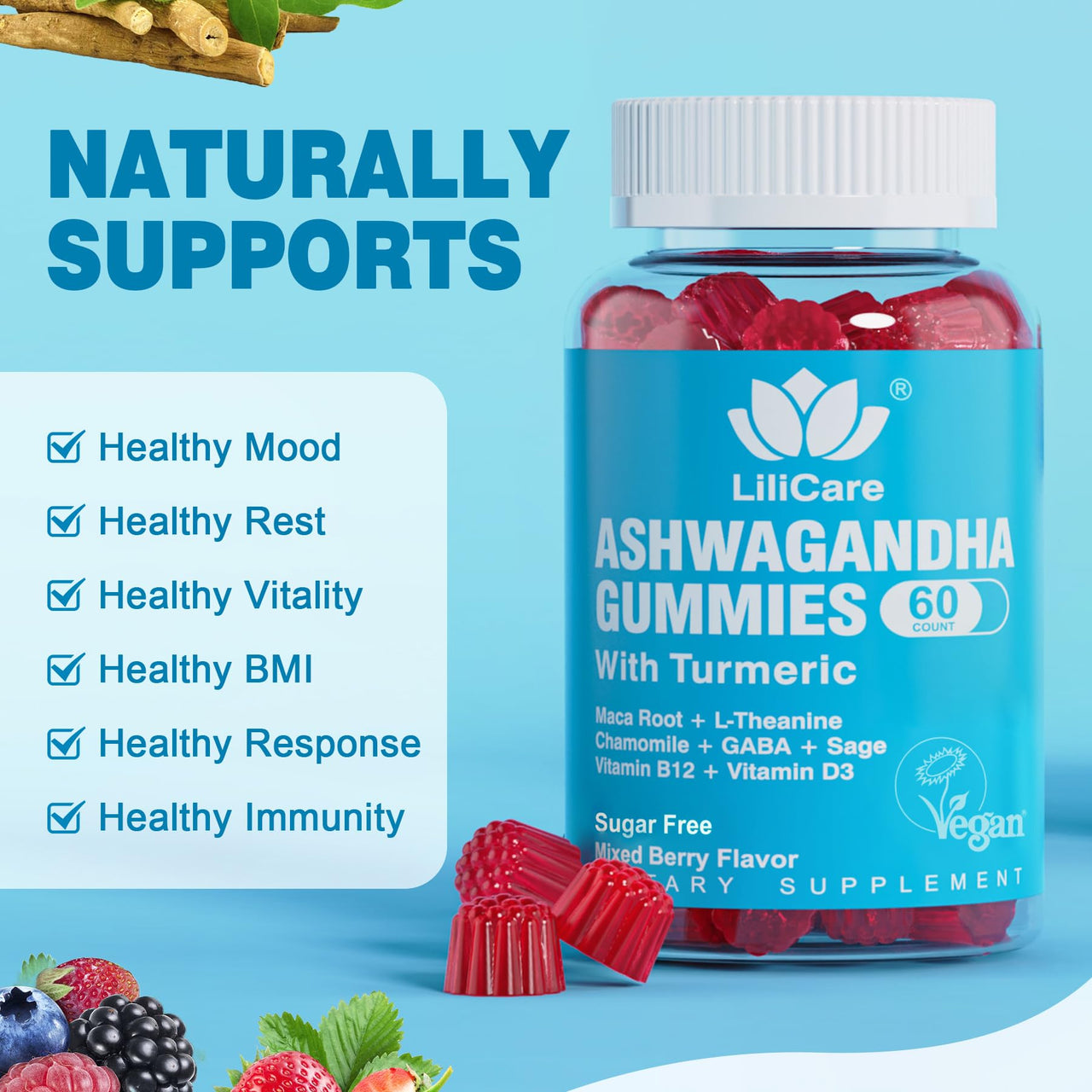 EnvyDeal Ashwagandha Gummies 2000mg for Women Men - Sugar Free, Vegan - Organic Ashwagandha Root Supplements Gummy & Vitamin D3, 120 Count