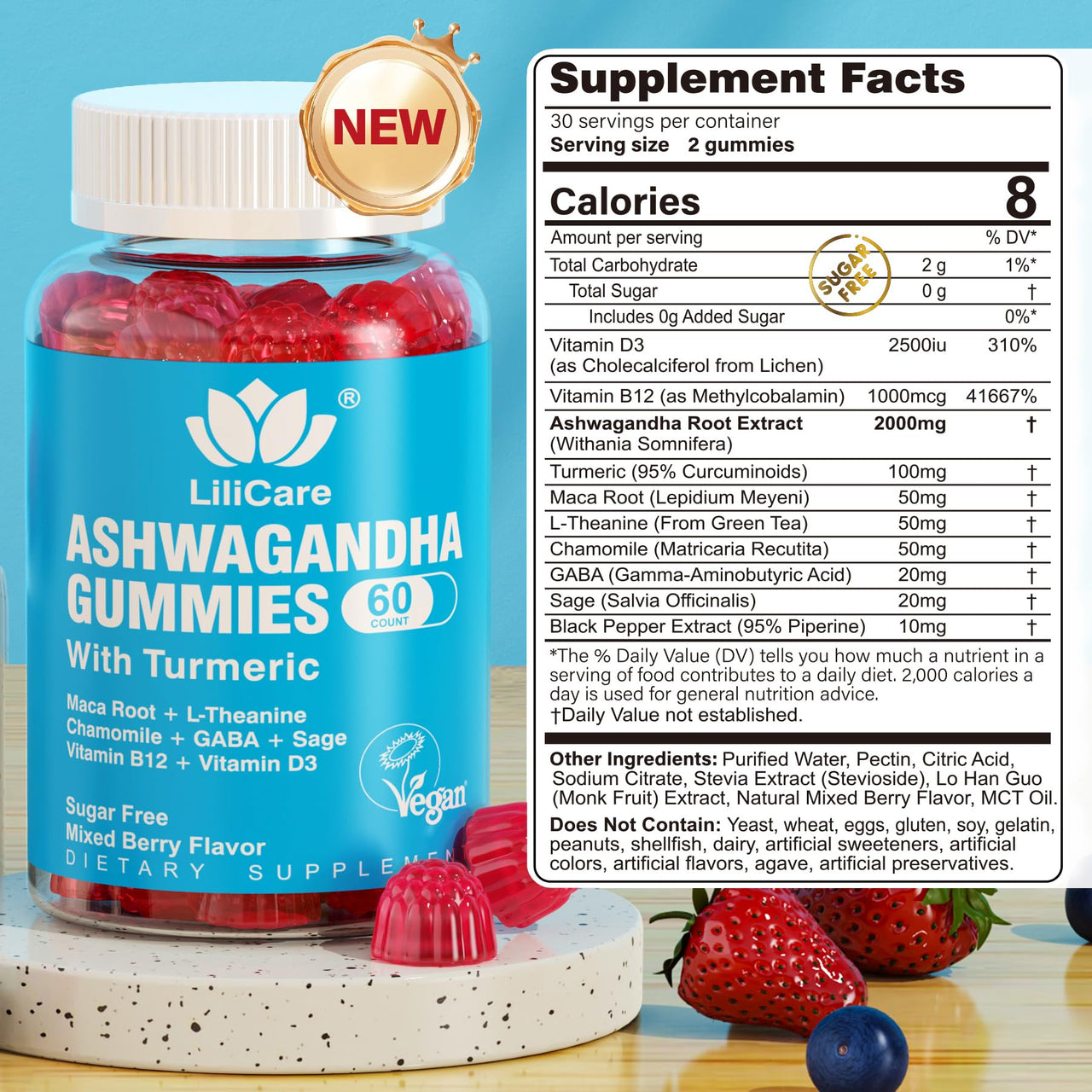 EnvyDeal Ashwagandha Gummies 2000mg for Women Men - Sugar Free, Vegan - Organic Ashwagandha Root Supplements Gummy & Vitamin D3, 120 Count