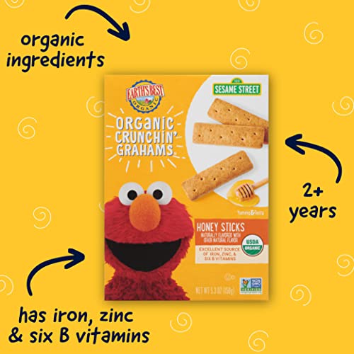 Image 3 of Earth's Best Organic Kids Snacks, Sesame Street Toddler Snacks, Organic Crunchin' Grahams for Toddlers 2 Years and Older, Honey Sticks with other Natural Flavors, 5.3 oz Box (Pack of 6)